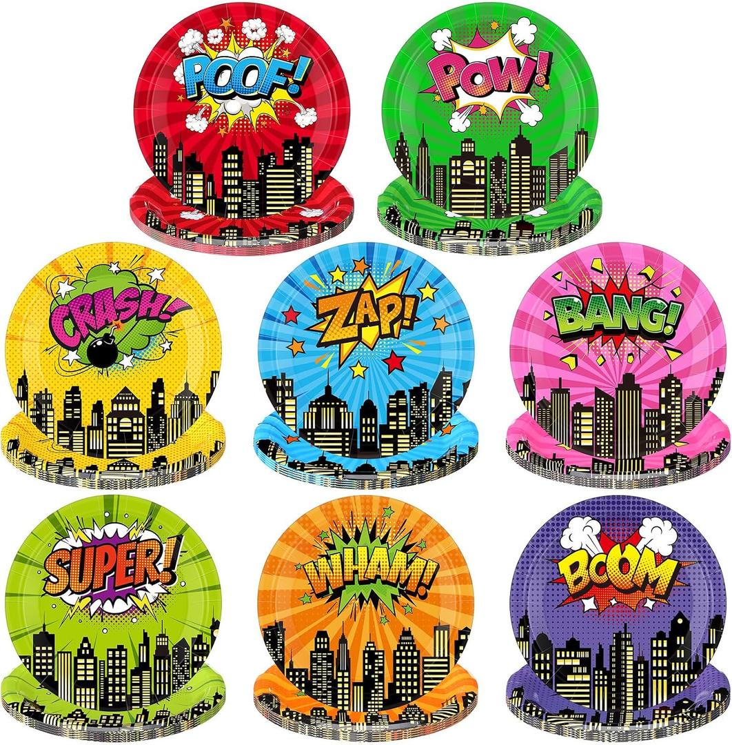48 Pack Hero Theme Paper Plates Hero Birthday Party Decorations Supplies 7 Inch Disposable Colorful Comic Dessert Cake Plates Cityscape Tableware for Birthday Baby Shower Party Favors, 8 Styles