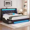 Rolanstar Queen Bed Frame with LED Lights and Charging Station, Upholstered Bed with Drawers, Wooden Slats, Noise Free, Easy Assembly, Dark Gray