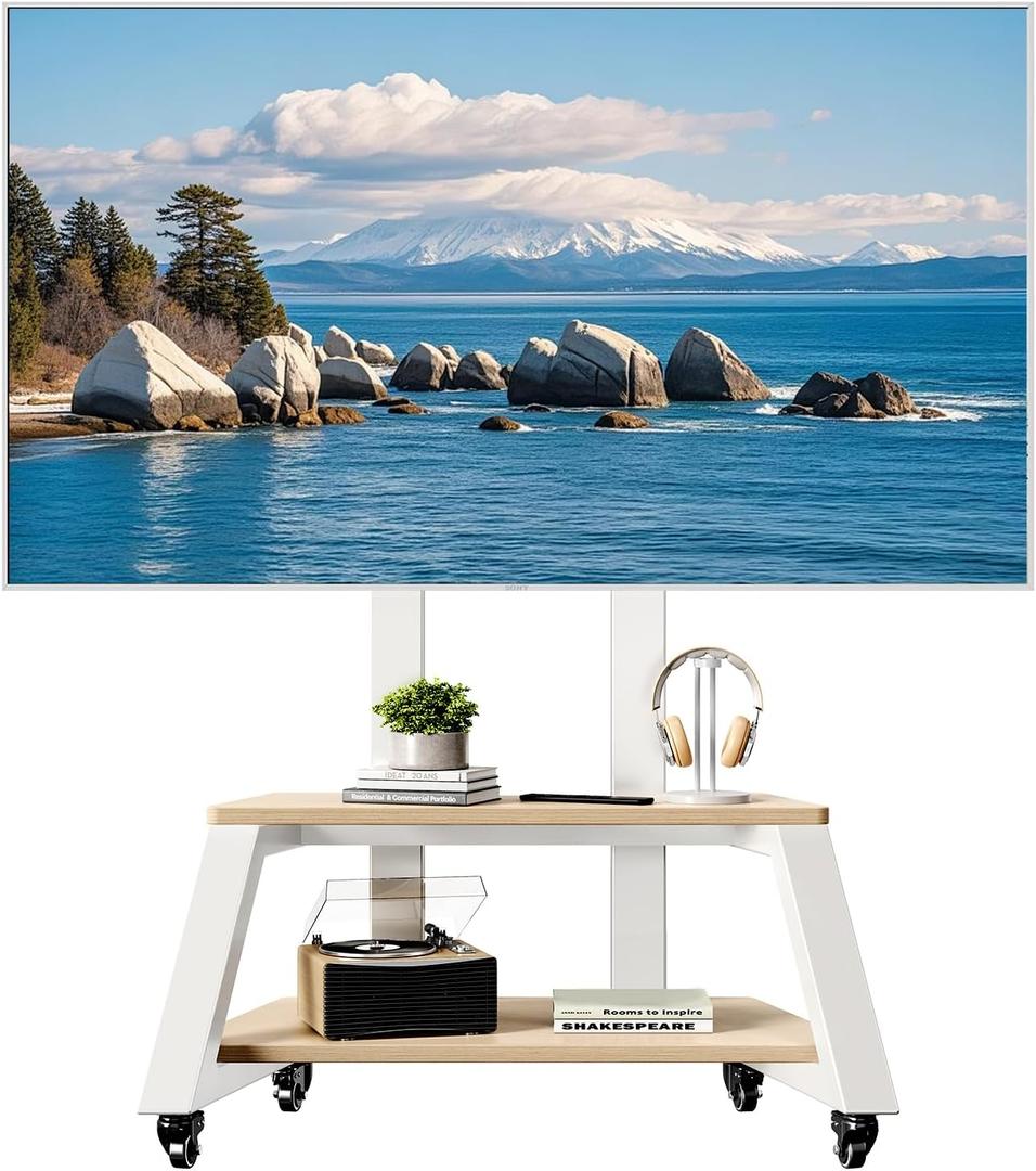 Mobile TV Stand Rolling TV Cart with Wheels for Most 32-86 Inch TV Stand with Double Wooden Shelf, Height Adjustable Heavy-Duty Holds up to 180lbs,Max VESA 600 * 450mm