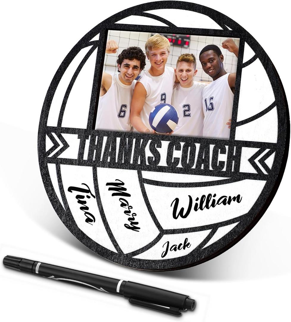 RattanView Sport Ball Picture Frame 4 x 6 Signable Thanks Coach Picture Frame with Pen Coaches Appreciation Photo Tabletop for Home Table Decorations Coach Team Birthday Gifts(White,Volleyball,Round)