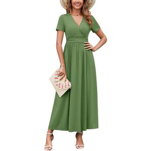 WEACZZY 2026 Summer Long Dresses for Women Wrap Empire Pleated Waist V Neck Short Sleeve Elegant Maxi Dress with Pockets (Small, 01 Dark Green)