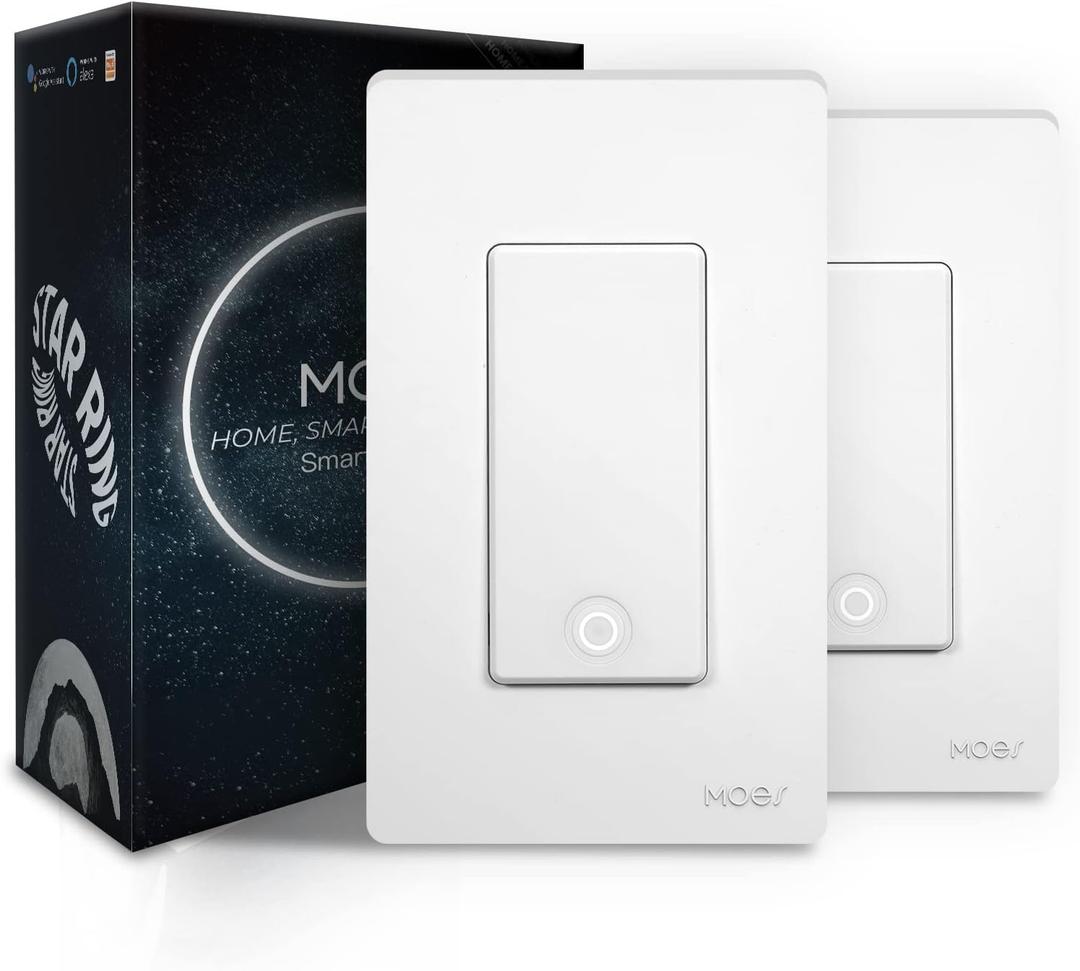 MOES Smart Light Switch, 2.4Ghz Wi-Fi Light Switch Compatible with Alexa, Google Assistant, Smart Switch Single Pole & 3-Way, Neutral Wire Required, No Hub Required, 2 Pack (Medium)