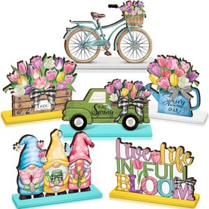 DoubleFill 6 Pcs Spring Decorations Wooden Spring Table Centerpieces Sign Easter Tulips Table Decor Tulip Gnome Truck Flowers Wood Signs for Tabletop Home Shelf Party Tiered Tray Decor