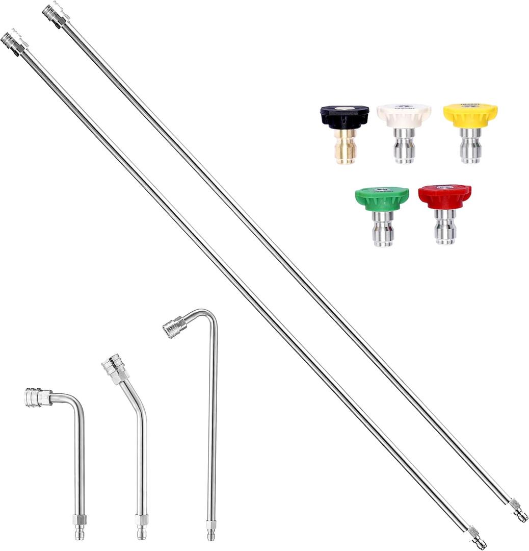 120" Pressure Washer Extension Wand, Power Washer Extension Pole with 5 Nozzle Tips - Pressure Washer Lance Wands 4000 PSI, Curved Gutter Cleaner Attachment, 1/4" Quick Connect for High-Reach