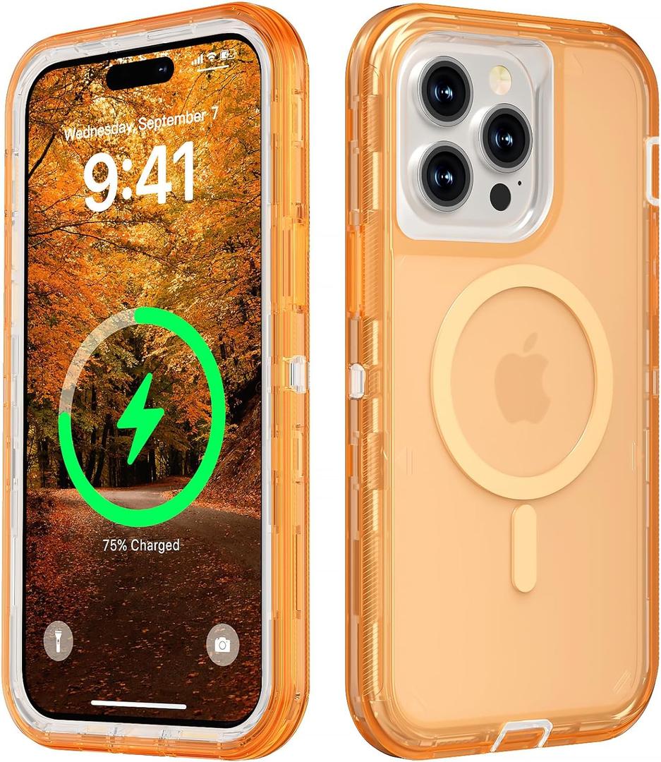 for iPhone 14 Pro Case, Compatible with MagSafe, Heavy Duty Shockproof Protection Phone Cases, Anti-Drop, Dual Layer Transparent Magnetic Phone Case for iPhone 14 Pro, 6.1", Orange