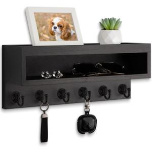 Key and Mail Holder Wall Mount, Key Hanger with Long Storage Box and 6 Hooks for Coat, Dog Leash, Home Decor Rack, House Accessories, Entry Way Organizer (Black)