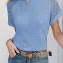 Women's Waffle Knit Tops Going Out Short Sleeve T Shirts Trendy Summer Tunic Casual Hollow Out Crochet Blouses (Blue, M)