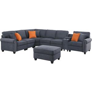 YOPTO 127" Modular Sectional Sofa with Movable Ottoman&Nailhead Trim Armrest,L-Shape Convertible Couch W/Cup Holder,USB Port&Hidden Storage Box,7 Seat Chenille Sectionals,6 Pillow,for Living Room,Gray