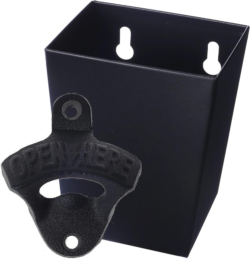 Satin Black Cast Iron Bottle Opener Wall Mounted with Bottle Cap Catcher Narrow