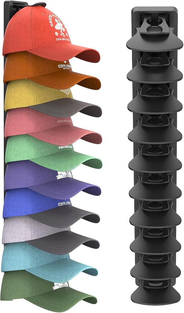 Hat Organizer for Baseball Caps 1 Pack, Adhesive Hat Rack for Wall Hold Up to 20 hats (Black-1 Pack)