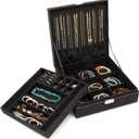 Juvale Jewelry Box for Men - 10.5 x 10.5 x 3.5 in, Black Velvet - Locking 2-Layer Travel Jewelry Organizer & Earring Holder, Necklace Organizer & Decorative Tray