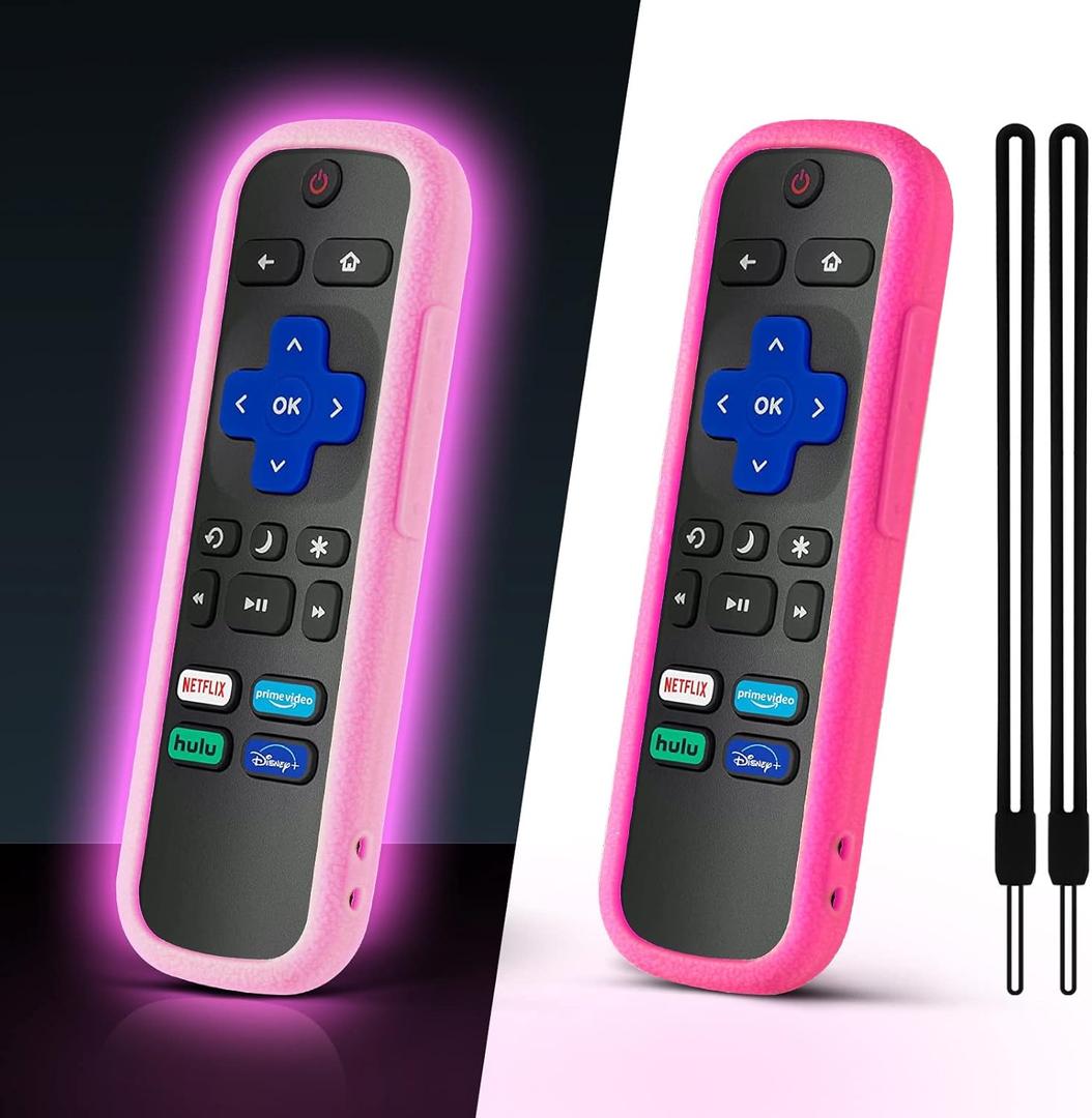 ONEBOM (2 Pack) Case for Roku Remote, Cover for Hisense/TCL Roku TV Steaming Stick/Express Universal Replacement Controller Silicone Sleeve Skin Glow in The Dark(Glow Pink+Rose Red)