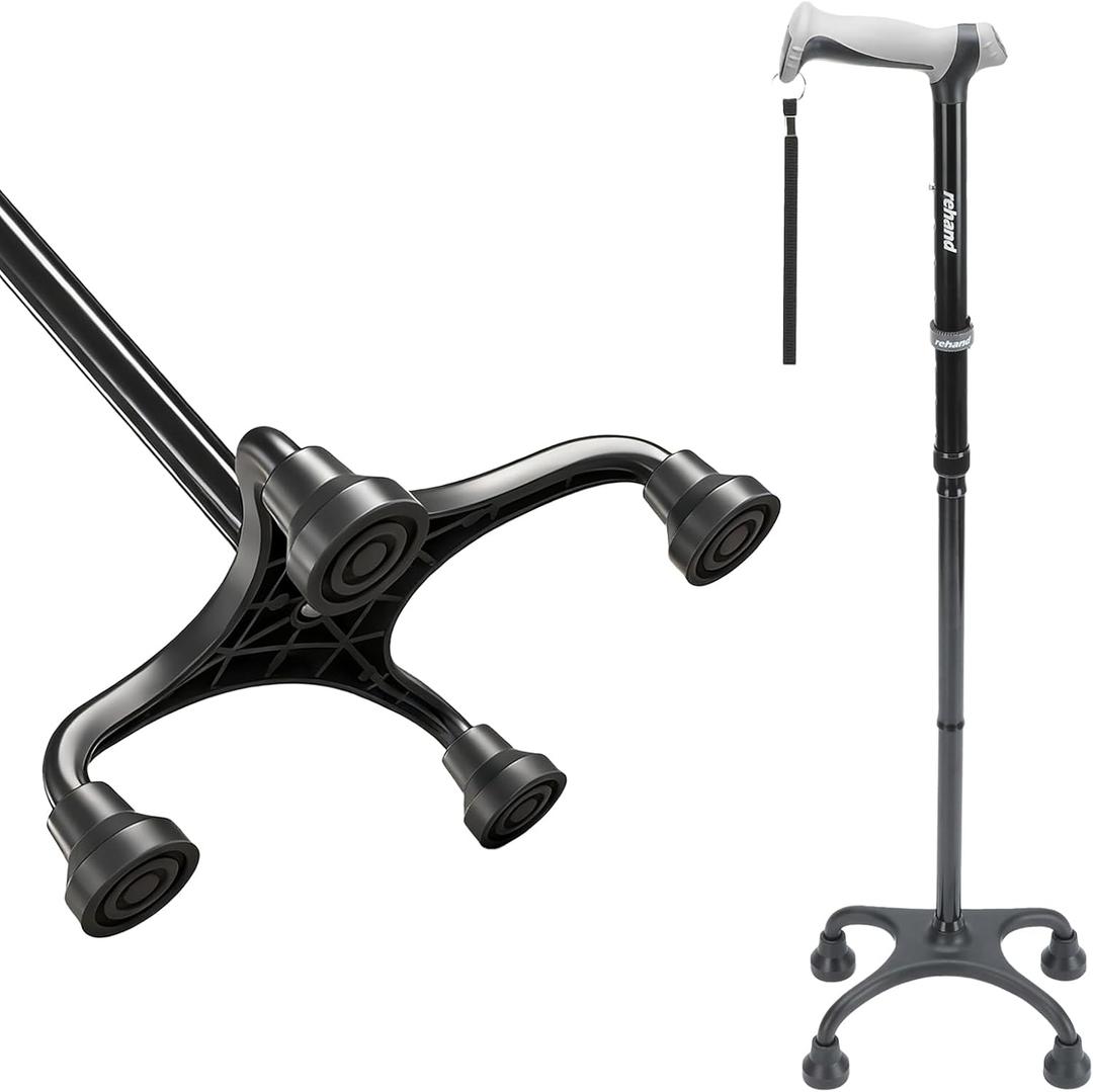 Rehand Quad Cane, Walking Cane with Ergonomic Handle Ever and Graceful 4-Pronged Base for Extra Stability, Adjustable Walking Sticks for Right or Left Handed Men & Women and Seniors