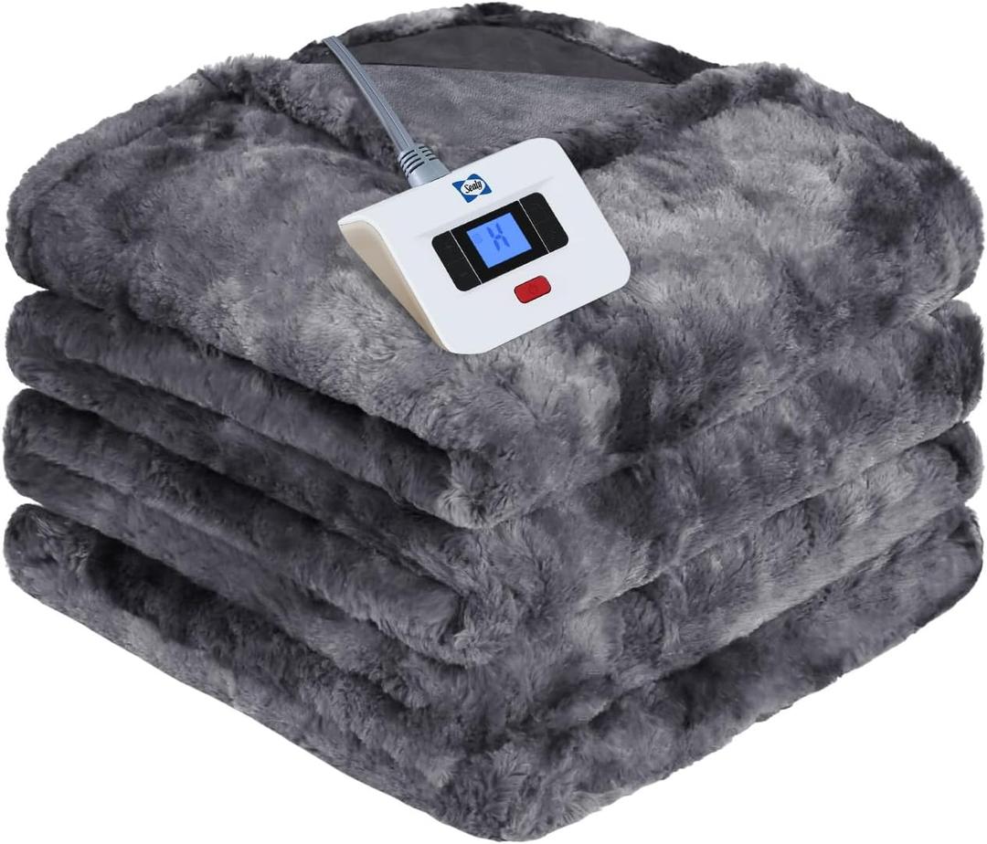 Sealy Electric Blanket Full Size, Heated Warming Blanket Faux Fur & Flannel with 10 Heating Levels & 1-12 Hours Auto Shut Off, Fast Heating, Machine Washable, Grey, 80 x 84 Inch