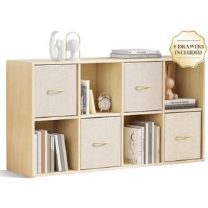 8 Cube Storage Organizer - Solid Wood Bookshelf with 4 Storage Bins, Cube Shelf with 2 Removable Back Panels, Vertical or Horizontal Bookcase, Open Book Shelf for Bedroom, Living Room, Office