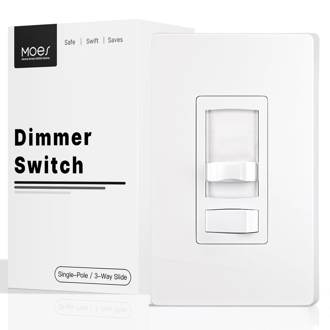 MOES Dimmer Light Switch, 3 Way & Single Pole Dimmable for LED, CFL, Incandescent, Halogen, 600Watt Max, ON/Off with Dimming Slide for Bedroom Hallway, No Neutral Wire Required (1 Pack with Wall Plate, White)