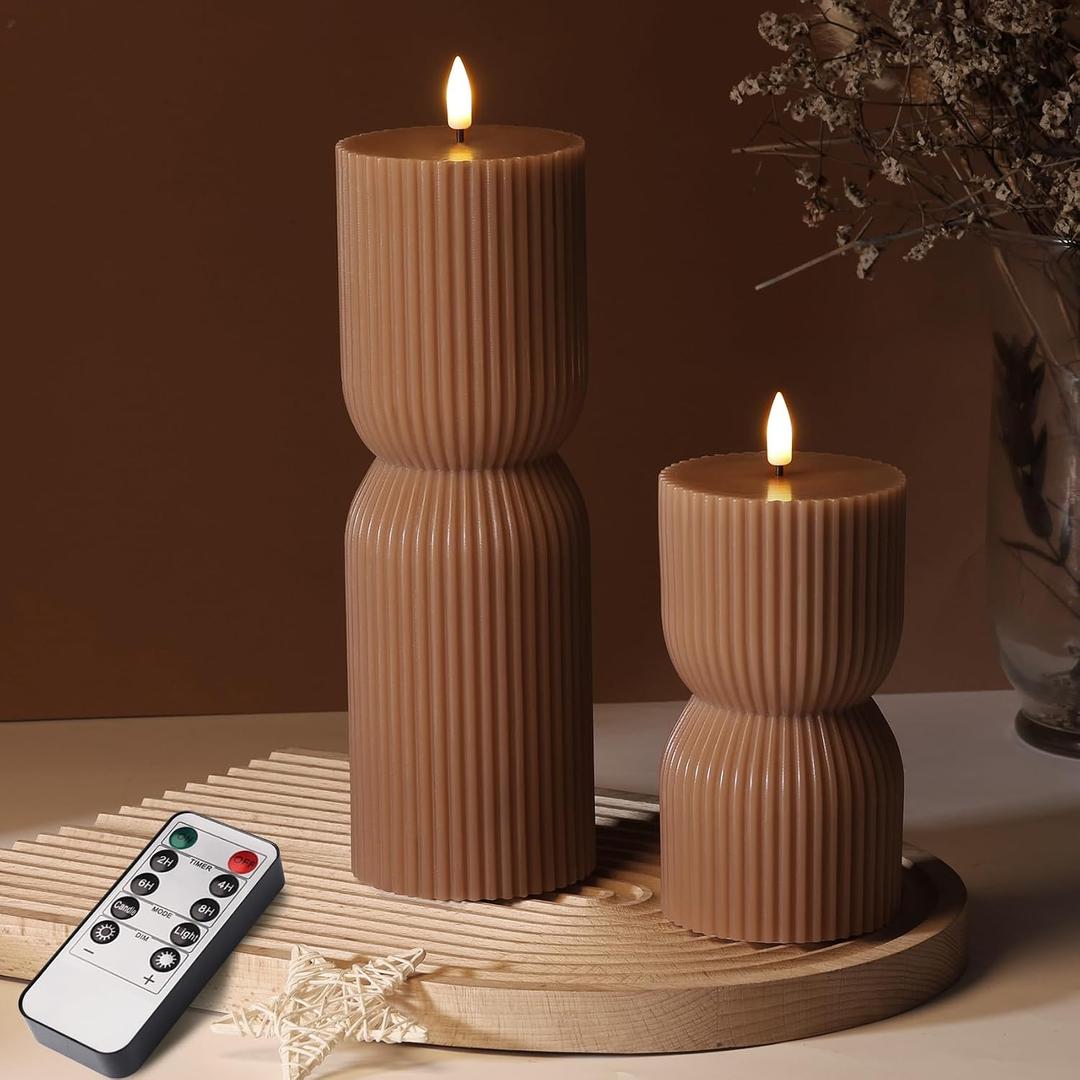 Warm Brown Ribbed Flameless Pillar Candles with Remote, Real Wax Flickering Battery LED Candles Christmas Decor Gift Set of 2