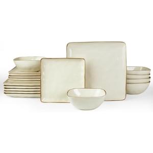 Famiware Ocean Square Plates and Bowls Set, 18 Pieces Dinnerware Sets, Dishes Set for 6, Microwave and Dishwasher Safe, Scratch Resistant, Vanilla White