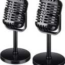 Chivao 2 Pack Retro Microphone Props Model Vintage Stage Table Decor Plastic Fake Microphone Antique Decor Stand Costume Prop for Party Toy (Black,Classic)