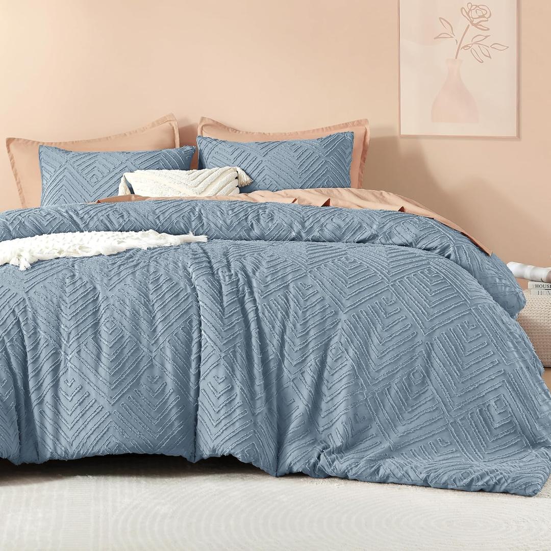 Litanika Grayish Blue Queen Comforter Set, 3 Pieces Tufted Boho Farmhouse Bedding Comforter Sets, Lightweight Fluffy Comforter Bed Set for All Season (90x90In Comforter and 2 Pillowcases) (Queen (90"x90"), 04 - Grayish Blue)