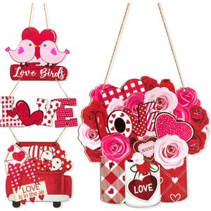Sophena 2 Pcs Valentines Day Decoration Heart Wood Door Wall Signs with Ropes DIY, Wood Wreath Front Door Sign Hanging Crafts for Farmhouse Party Supply