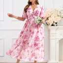 EYWOL Plus Size Wedding Guest Dresses for Women Floral Chiffon Flowy V Neck Maxi Dress with Detachable Tie Smocked Back (Pink)