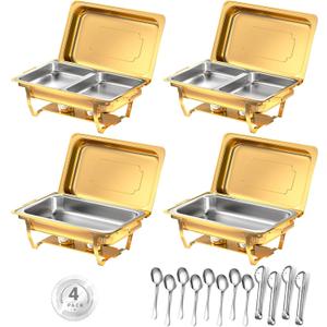Chafing Dishes for Buffet, 8 Qt High Grade Chafing Dish Buffet Set, Rolled-Edge Design Food Warmers for Parties, Buffet, Wedding, Birthday, Camping 4 Pack 6 Pans [Gold]