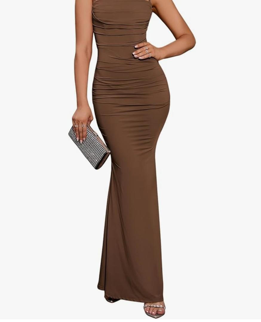 EYNMIN Women's Sleeveless Bodycon Corset Maxi Dress Spaghetti Strap Ruched Elegant Evening Wedding Guest Long Formal Dresses Small Brown