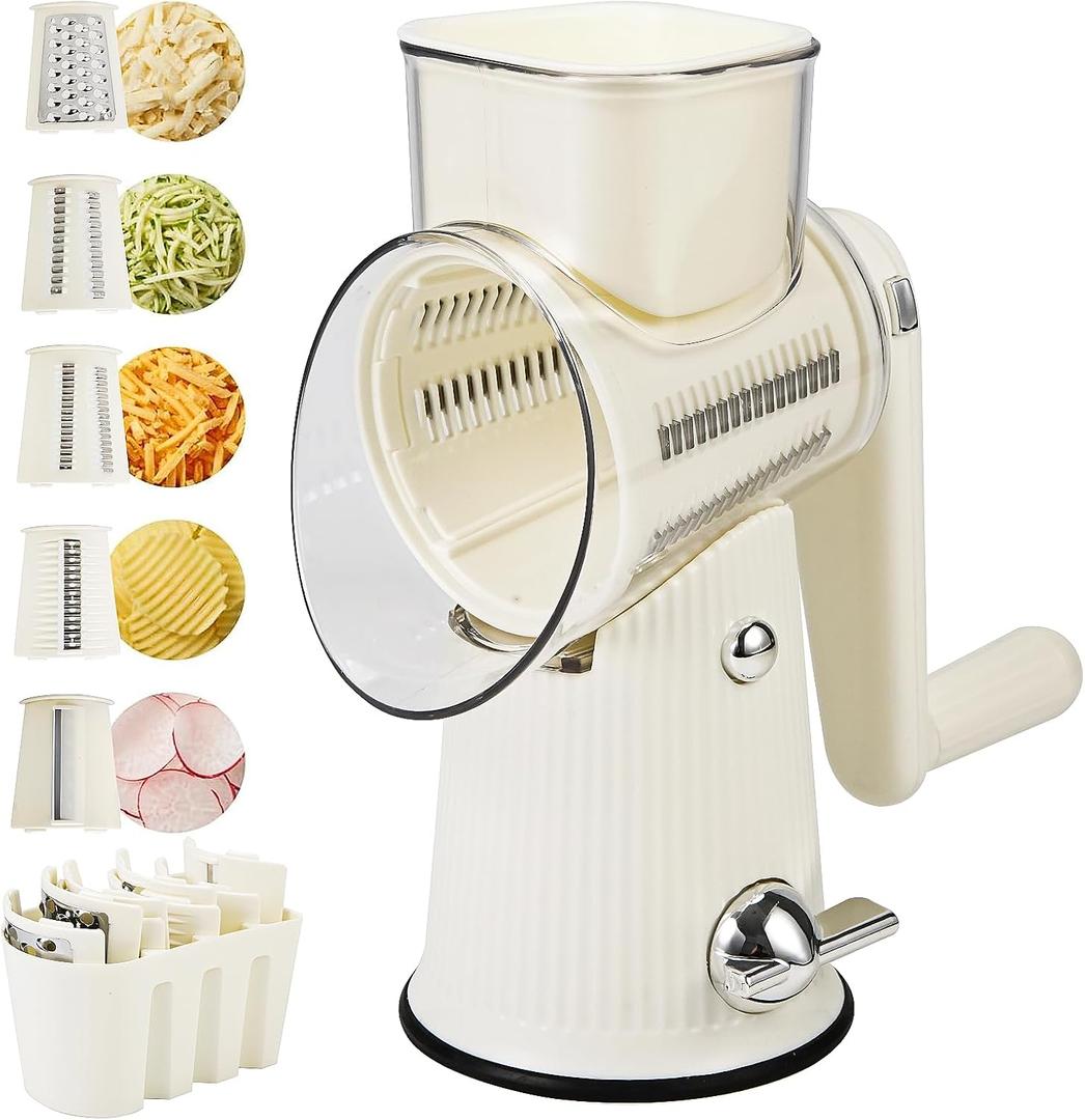 Rotary Cheese Grater with Handle, 5-in-1 Cheese Grater Hand Crank, Strong Suction Base, White