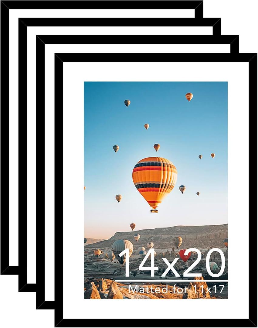 JCJMY 14x20 Picture Frame Set of 4 with 11x17 Mat, Display Photo 11x17 with Mat or 14 x 20 Without Mat, Wall Hanging Large 14 by 20 Poster Frame with Plexiglass, 4 Pack, Black
