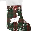 One Bear Christmas Stockings, Rabbit Wreath Green and Red Plaid Cuff Stockings Plush Faux Fur 17" Fireplace Large Hanging Socks for Family Holiday Xmas Party Decoration 1 Pcs