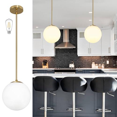 Bagood 10 Inch Globe Pendant Light Gold Mid Century Pendant Light Contemporary Globe Pendant Lights Adjustable Hanging Light Fixture Milk Glass with Brass Finish for Dining Room Kitchen Island