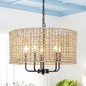 18.9" Hand-Woven Rattan Chandelier 5 Lights Farmhouse Boho Chandeliers for Dining Room Light Fixture Drum Wicker Hanging Pendant Lighting for Living Room Kitchen Island Foyer Hallway, E12 (Brown)