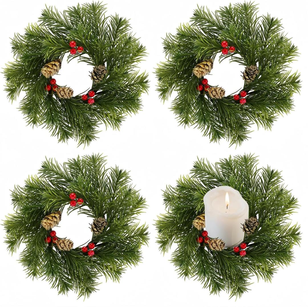 4 Pcs 9'' Christmas Candle Rings Wreaths, Artificial Small Wreath with Red Berry Pinecone for Table top Centerpiece Candle Holder