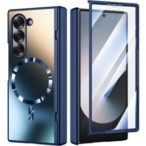 Magnetic for Samsung Galaxy Z Fold 6 Case, Compatible with MagSafe, with Built-in Screen Protector & Hinge Protection, Fold6 Military Grade 360 Full Body Shockproof Phone Cover, Blue (Z Fold 6, Blue)