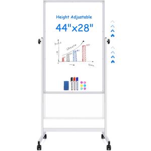 maxtek Rolling White Board, 44 x 28 Height Adjustable Whiteboard on Wheels, Large Magnetic Standing Mobile Easel Board, Double-Sided with Stand for Office, Home, and Classroom