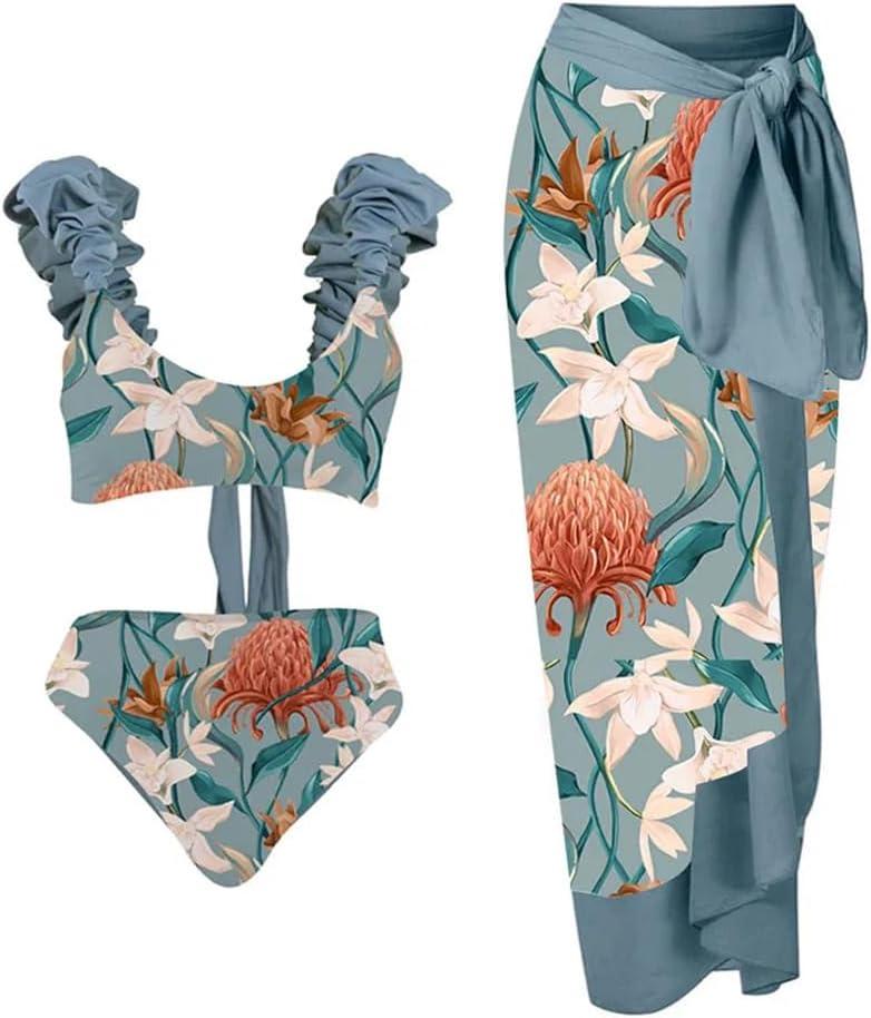 Women's One Piece Swimsuit with Cover Up Set Wrap Skirt Sleeveless Floral Beach Swimwear Sarong Bathing Suit (Medium, Blue)