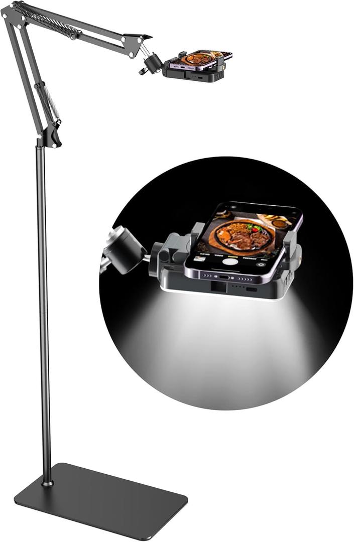 Floor Overhead Phone Tripod with Rechargeable Light for Cooking Videos, Move Around Phone Stand with Ring Light Content Creator Video Recording Selfie Photography TikTok Youtube Compatible with iPhone (black)