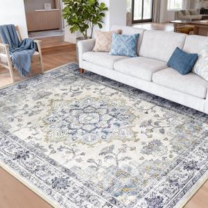 CAPALOCA Machine Washable Rugs Nursery Rug 9x12 Area Rugs Girl Non Slip Low Pile Water Repellent Soft Print Pattern for Bedroom Indoor Decor Kids Playroom Blue White