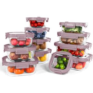  12-Pack Glass Containers with Tempered Lids Borosilicate, Oven-Safe(-4F~950F), Airtight, BPA-Free, Multi-Size for Meal Prep, Dishwasher Safe, 1.6 cups to 6.4 cups (Pink) - Pack of 2