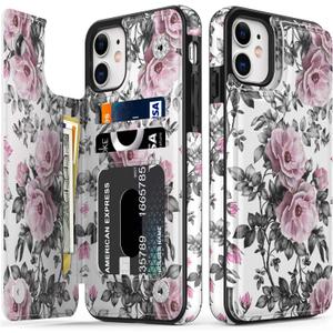 LETO for iPhone 12 Mini Pro Case,iPhone 12 Mini Case,Luxury Flip Folio Leather Wallet Cover with Fashion Designs for Girls Women,Card Slots Kickstand Protective Phone Shell Elegant Pink Flowers