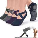 Ozaiic Pilates Socks for Women Non Slip Grip, Yoga Socks with Grippers for Barre, Hospital, Ballet, Dance, Barefoot Workout (One Size, 4 Pairs - Navy/D.gray/ D.green/D.purple)