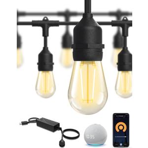 XMCOSY+ Smart Patio Lights 49Ft LED Outdoor String Lights Waterproof IP65, App Control, Compatible with Alexa, Dimmable Edison Bulbs Outdoor Light for Yard Porch Bistro Outside