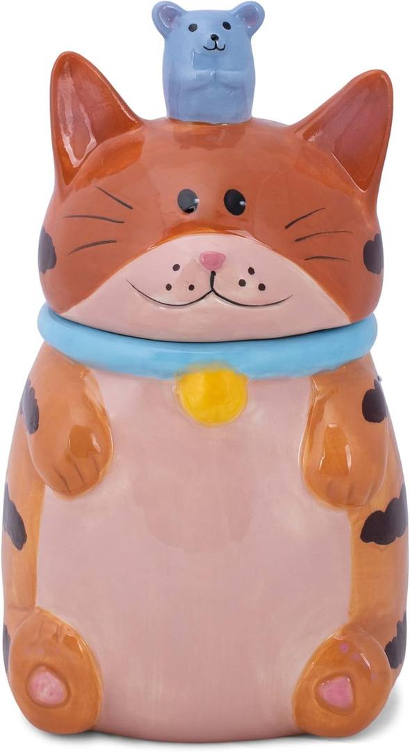 Dolomite Ceramic 10 x 6.3 Everyday Cookie & Candy Jar with Airtight Lid: Perfect for Kitchen Canisters, Pet Treat Containers & Decorative Storage, Orange Tabby Striped Cat and Mouse