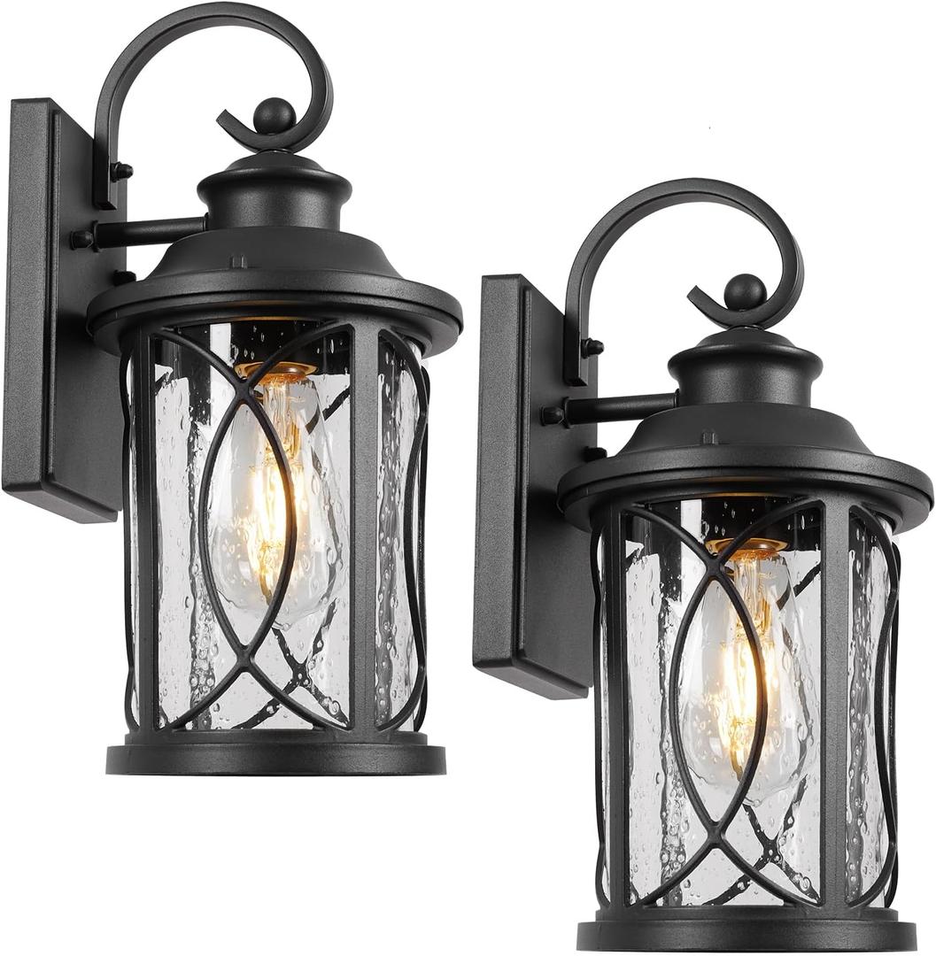 Treekee Outdoor Light Fixture Wall Mount, Modern Exterior Wall Sconce with Seeded Glass & E26 Sockets for Front Porch, Farmhouse Rustic Black Wall Lantern Lamp for Patio Garage Home Yard
