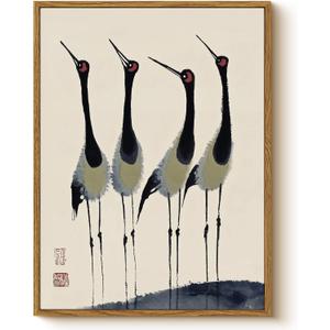 Vintage Framed Ink Crane Wall Art 12x16 Canvas Print, Four Red-Crowned Cranes Traditional Brush Painting Style Minimalist Japanese Bird Nature Artwork, Modern Bathroom Entryway Decor
