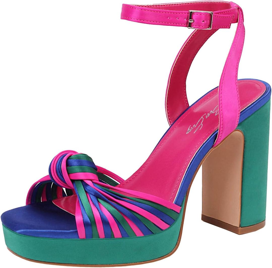 sun gurg Strappy Platform Heels for Women Square Open Toe Chunky High Heels Multicolored Ankle Strap Block Heeled Sandals for Prom Wedding Date Night (Size 9)