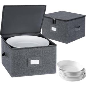 China Storage Containers Hard Shell Inside 13" W x 8" H, Charger Plate Storage Containers for Dishes, Dinnerware with 24 Felt Dividers, Hold 24 Plates, Stackable (2 Pack Grey)