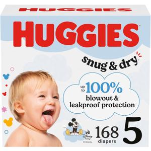 Huggies Size 5 Diapers, Snug & Dry Baby Diapers, Size 5 (27+ lbs), 168 Count (6 Packs of 28)