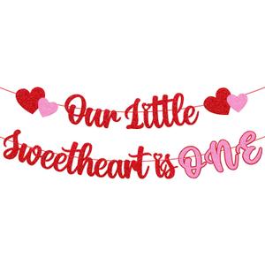 Our Little Sweetheart Is One Banner Valentines Day 1st Birthday Banner Happy Valentines Day Theme for One Year Old Kids Boy Girl First Birthday Party Supplies